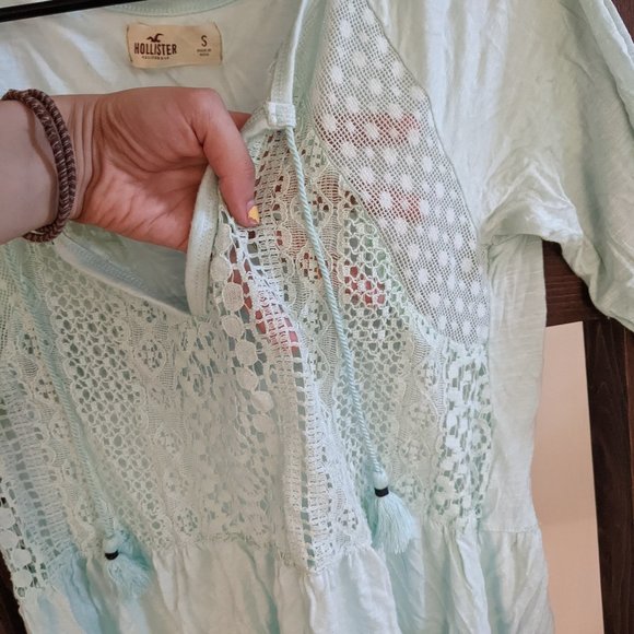 Hollister Lace Light Turquoise Top with Tassels and 3/4 Length Sleeves - Picture 3 of 7